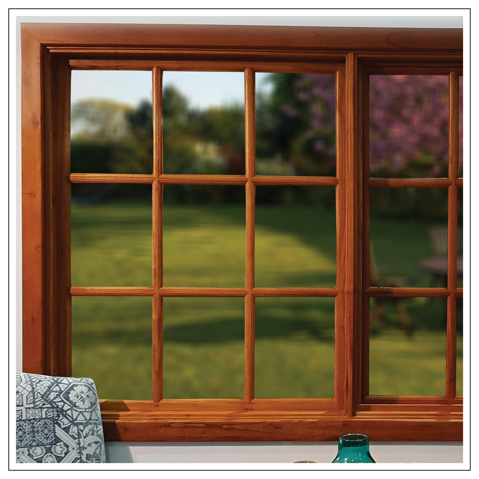 Cedar colonial awning window with winder looking out to garden