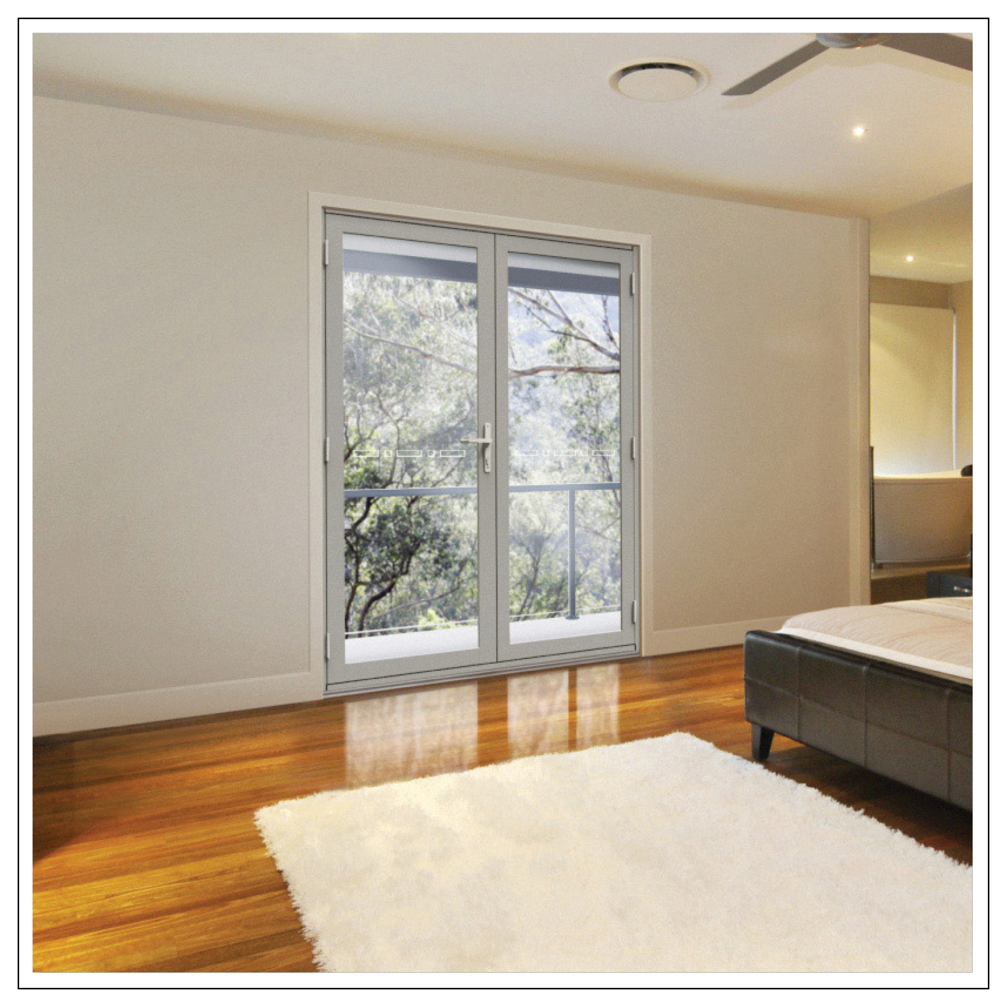 Australian made Ultra Silver Gloss double french door opening inside to bedroom