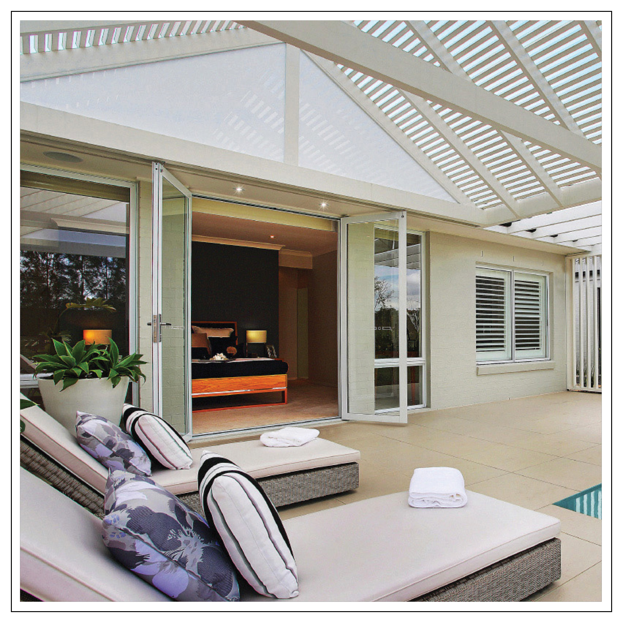 Australian made White double french door opening to pool area