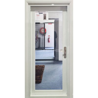 White Aluminium Single French Door in showroom